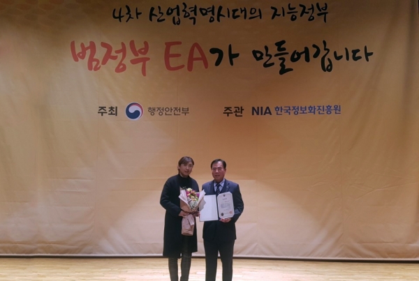 지난 7일 김성열 여수시 정보기획팀장(오른쪽)이 서울역사박물관에서 열린 행정공공기관 웹사이트 관리유공 수상식에서 행정안전부 장관상을 수상하고 있다.