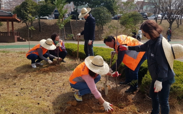 지난달 30일 여수시 여천동 통장들과 LG화학 여천공장 직원들이 성산공원에 편백나무를 심고 있다.