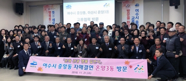지난 21일 여수 중앙동 자생단체 회원들이 자매결연 동인 충남 아산 온양3동을 방문해 기념촬영을 하고 있다.